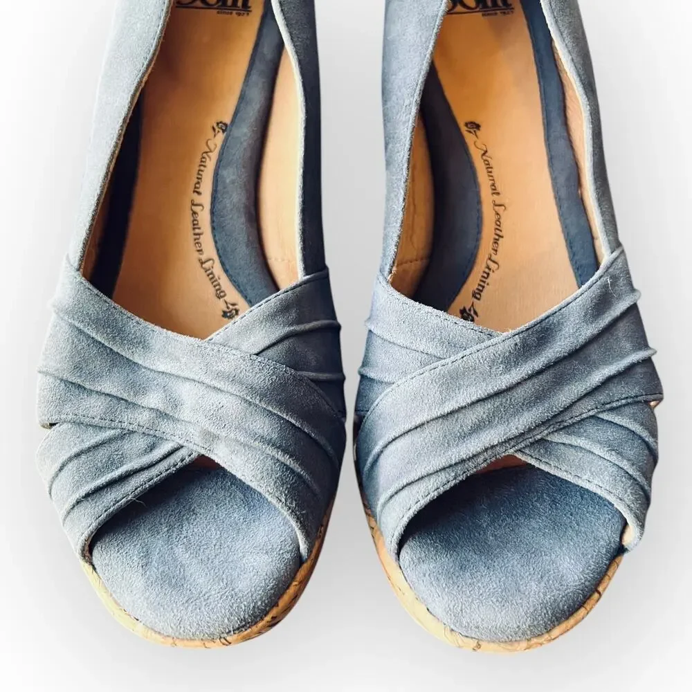 Sofft Olwen Women's Iris Blue Suede Open Toe Cork Platform Wedge Sandal Size 11M